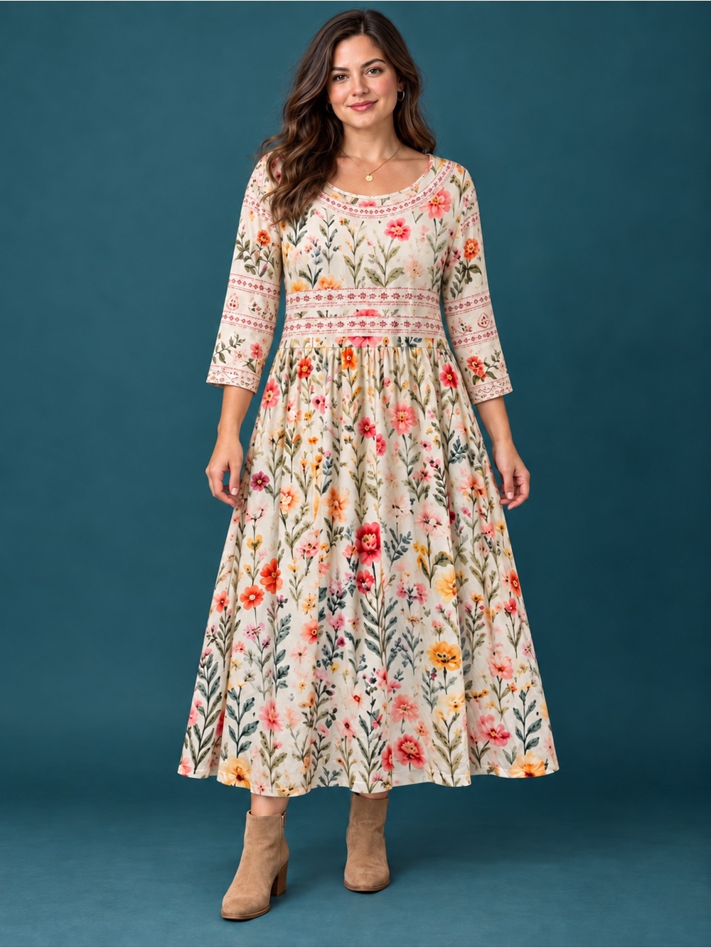 New Floral Boho Boutique Maxi Dress in Cream with Multicolor Print Size Large